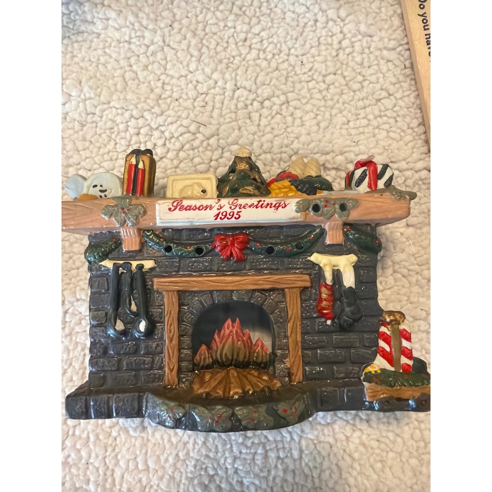 Vintage 1995 Badcock Christmas Fireplace Ceramic Tea Light Holder Hearth Decor